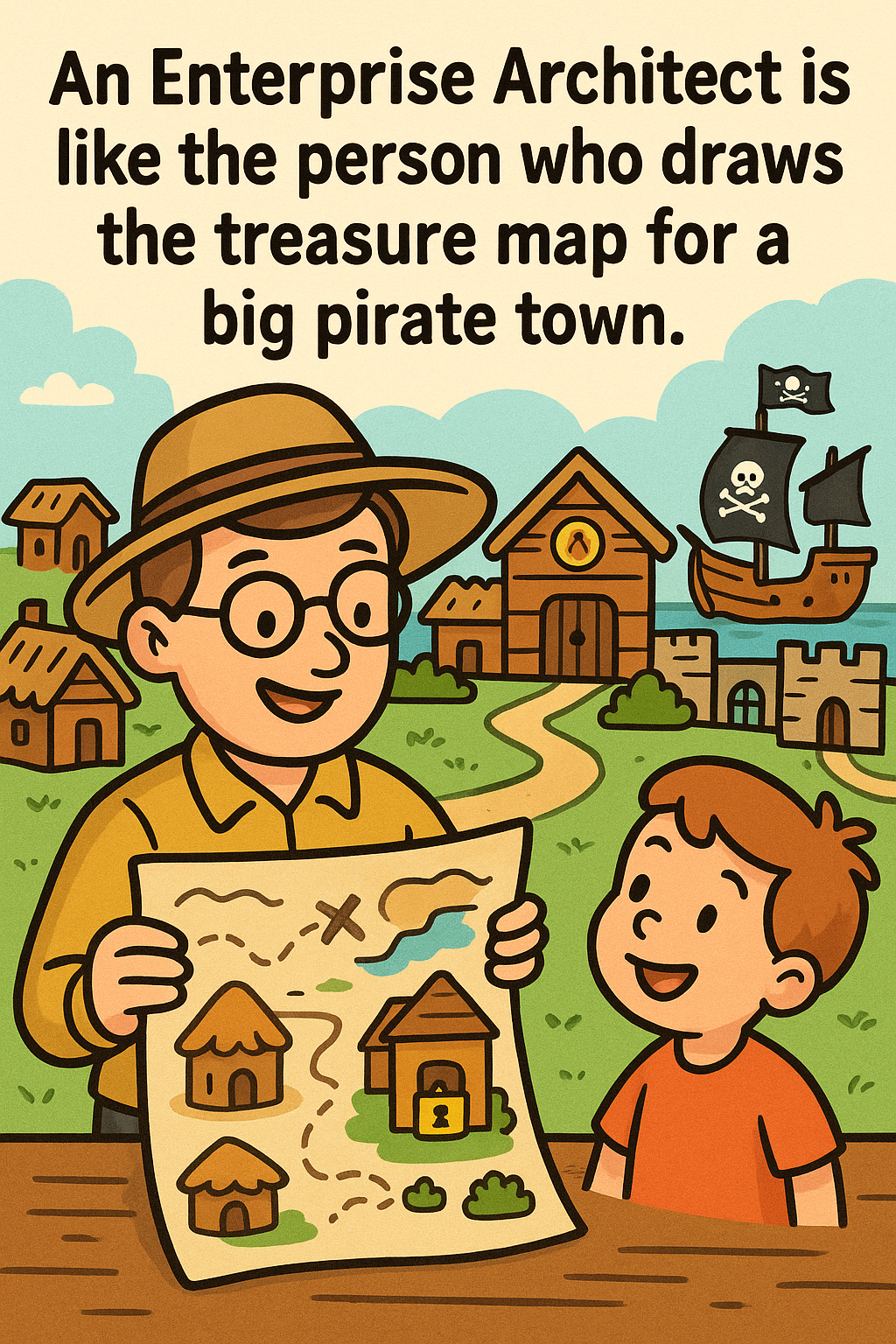 Enterprise Architect explained to a 5-year-old as a pirate town map with huts, docks, treasure vaults, and paths