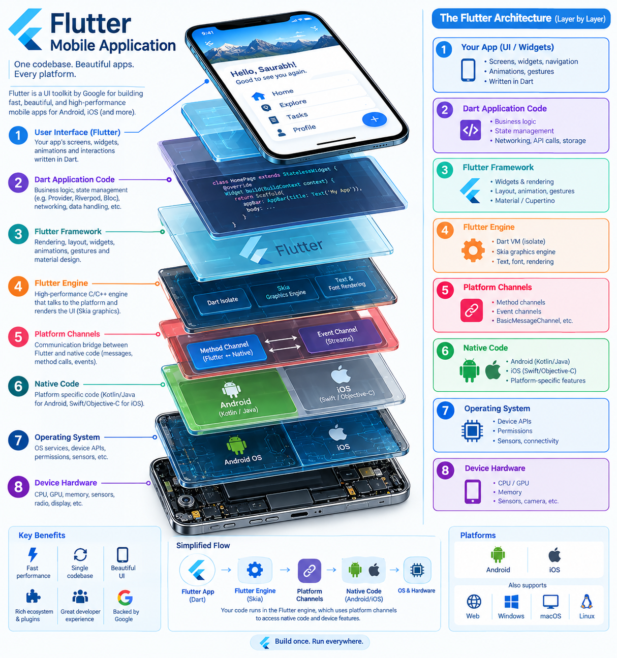 An exploded view of a Flutter mobile app, showing eight labelled layers from the UI down to device hardware